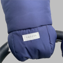 Load image into Gallery viewer, hUDOMA blue pram gloves with logo, blue pram gloves with white fur, stroller blue pram gloves, buggy blue pram gloves