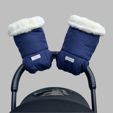 Load image into Gallery viewer, hUDOMA blue pram gloves, blue pram gloves with white fur rolled down, stroller blue pram gloves, buggy blue pram gloves