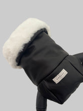 Load image into Gallery viewer, Black glove with white fur cuff on a neutral background
