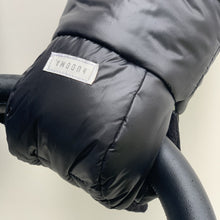 Load image into Gallery viewer, hUDOMA black pram gloves, black pram gloves with white fur, stroller black pram gloves with logo, buggy black pram gloves
