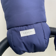 Load image into Gallery viewer,  hUDOMA blue pram gloves with logo, blue pram gloves with white fur, stroller blue pram gloves, buggy blue pram gloves
