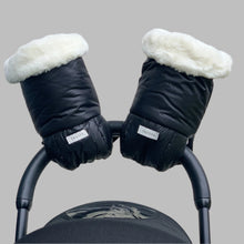 Load image into Gallery viewer,  hUDOMA black pram gloves, black pram gloves with white fur rolled over, stroller black pram gloves, buggy black pram gloves
