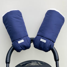 Load image into Gallery viewer, hUDOMA blue pram gloves, blue pram gloves with white fur, stroller blue pram gloves, buggy blue pram gloves
