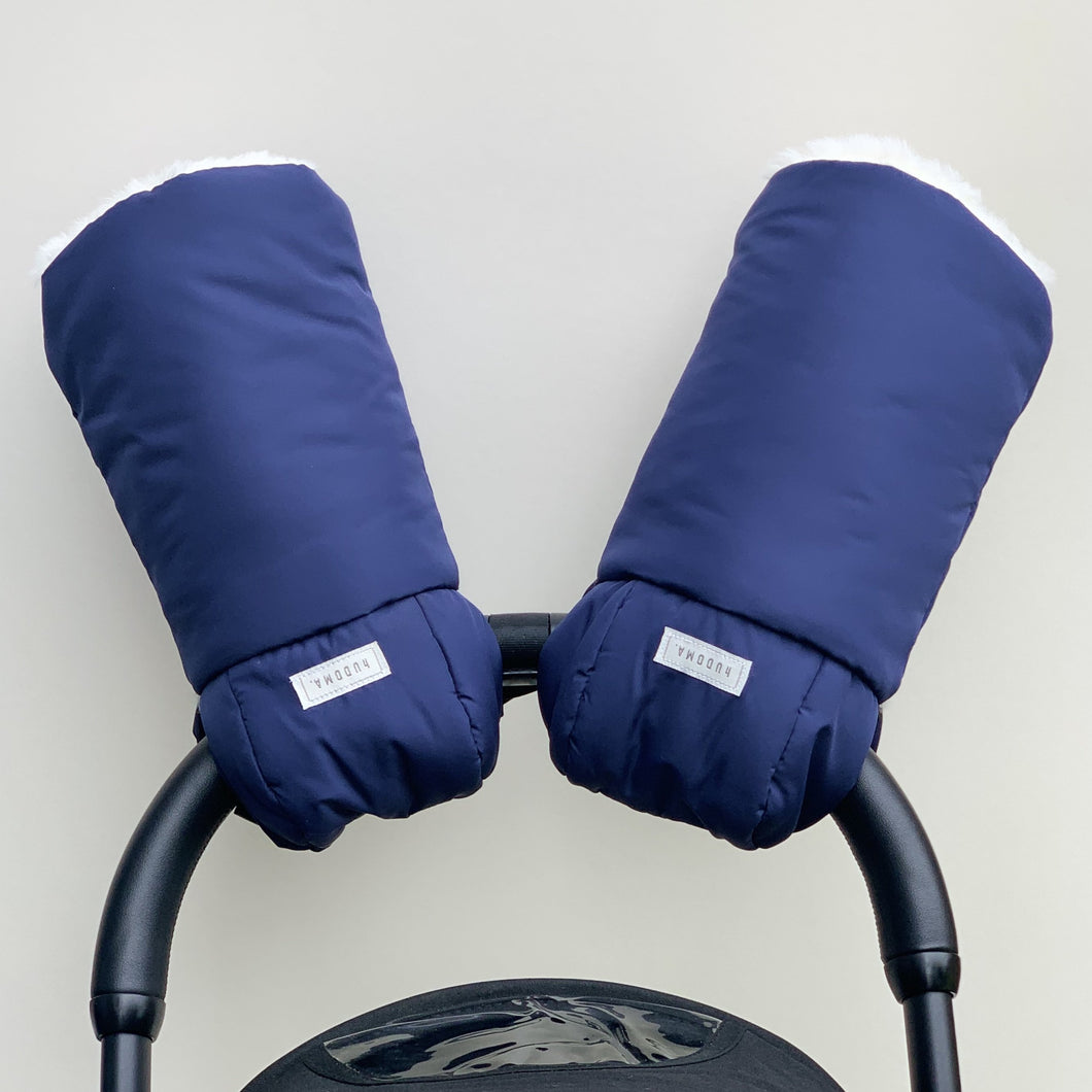 hUDOMA blue pram gloves, blue pram gloves with white fur, stroller blue pram gloves, buggy blue pram gloves